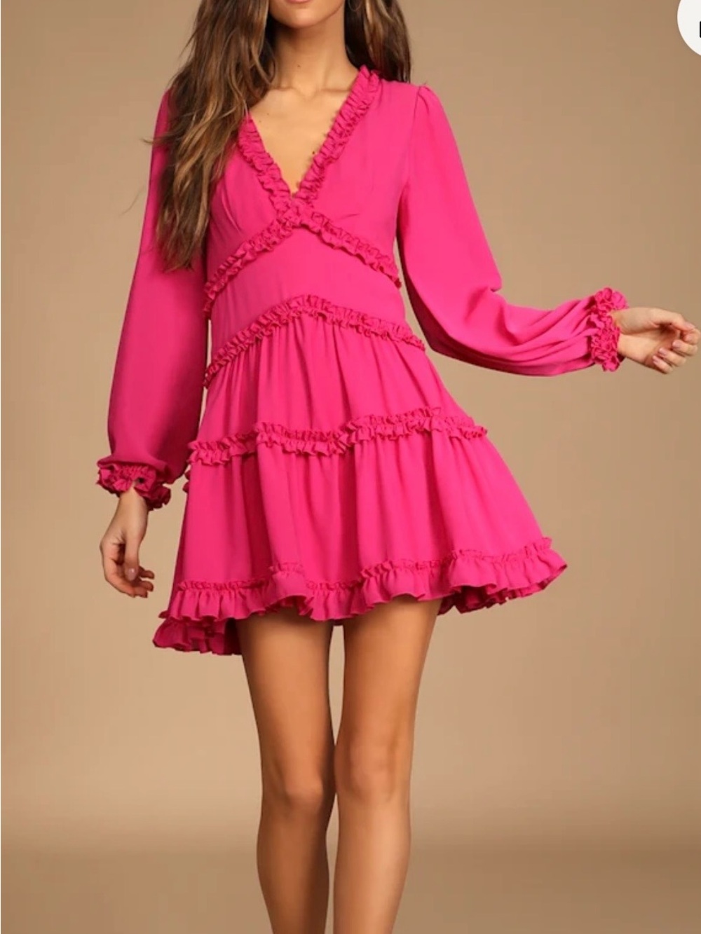 Lulus Medium Simply Darling Magenta Ruffled Long Sleeve Mini Dress NWT